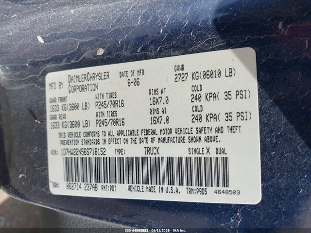Продаж на аукціоні авто 2006 Dodge Dakota St, vin: 1D7HW22N56S718152, номер лоту: 44868553