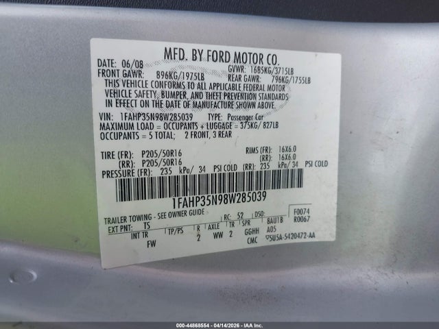 44868554 :رقم المزاد ، 1FAHP35N98W285039 vin ، 2008 Ford Focus Se/ses مزاد بيع