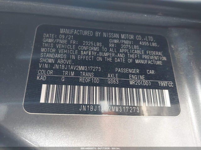2021 Nissan Rogue Sport S Fwd Xtronic Cvt მანქანა იყიდება აუქციონზე, vin: JN1BJ1AV2MW317273, აუქციონის ნომერი: 44868574
