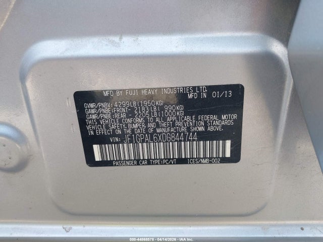 Продажа на аукционе авто 2013 Subaru Impreza 2.0i Sport Premium, vin: JF1GPAL6XDG844744, номер лота: 44868578