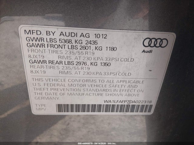 Продаж на аукціоні авто 2013 Audi Q5 2.0t Premium, vin: WA1LFAFP7DA022318, номер лоту: 44868579