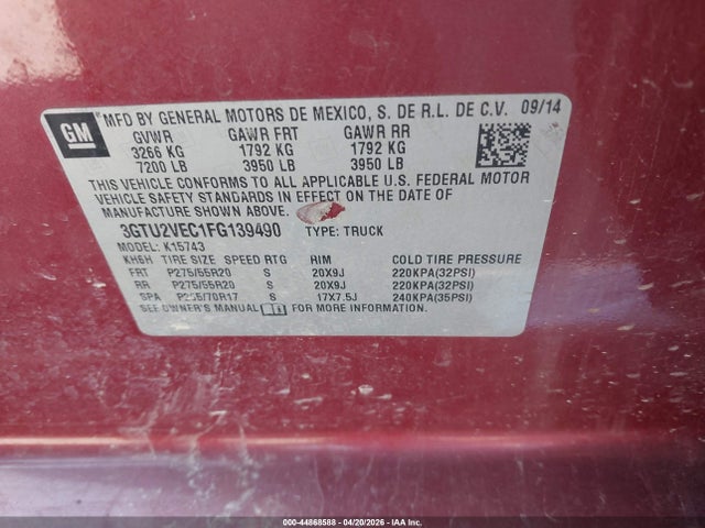 Aukcja sprzedaży 2015 Gmc Sierra 1500 Slt, vin: 3GTU2VEC1FG139490, numer aukcji: 44868588