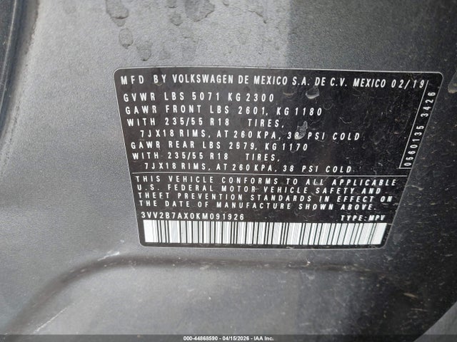 44868590 :رقم المزاد ، 3VV2B7AX0KM091926 vin ، 2019 Volkswagen Tiguan Se/sel/sel R-line Jet-black/sel R-line مزاد بيع