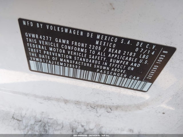 2014 Volkswagen Jetta 1.8t Se მანქანა იყიდება აუქციონზე, vin: 3VWD17AJ1EM328592, აუქციონის ნომერი: 44868598
