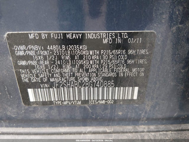 Aukcja sprzedaży 2011 Subaru Forester 2.5x, vin: JF2SHABC2BG740885, numer aukcji: 44868599