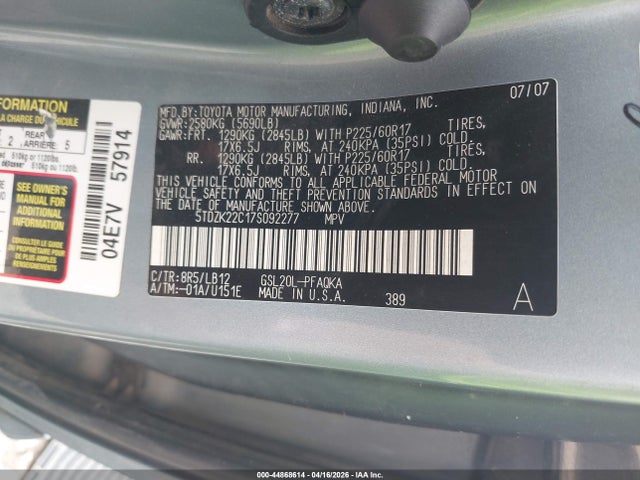 Продаж на аукціоні авто 2007 Toyota Sienna Xle, vin: 5TDZK22C17S092277, номер лоту: 44868614