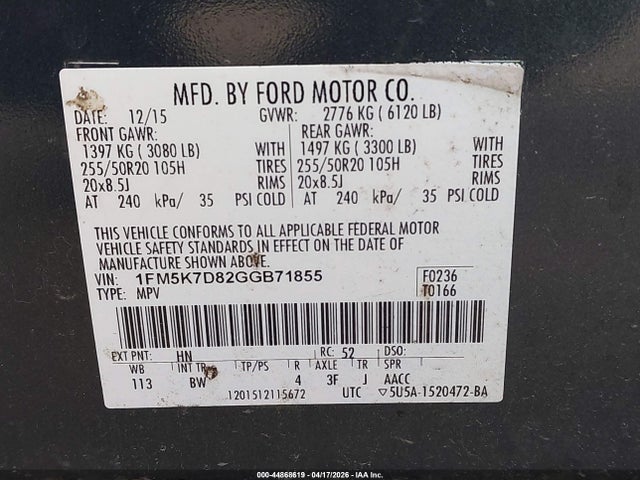 1FM5K7D82GGB71855 Ford EXPLORER XLT