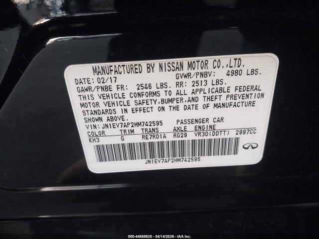 Aukcja sprzedaży 2017 Infiniti Q50 3.0t Signature Edition, vin: JN1EV7AP2HM742595, numer aukcji: 44868620