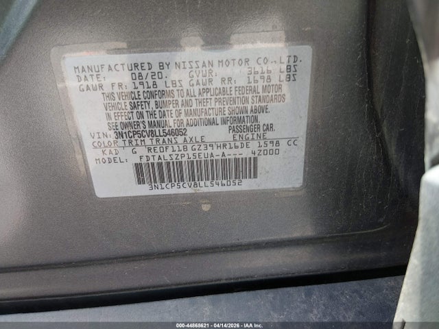 44868621 :رقم المزاد ، 3N1CP5CV8LL546052 vin ، 2020 Nissan Kicks Sv Xtronic Cvt مزاد بيع
