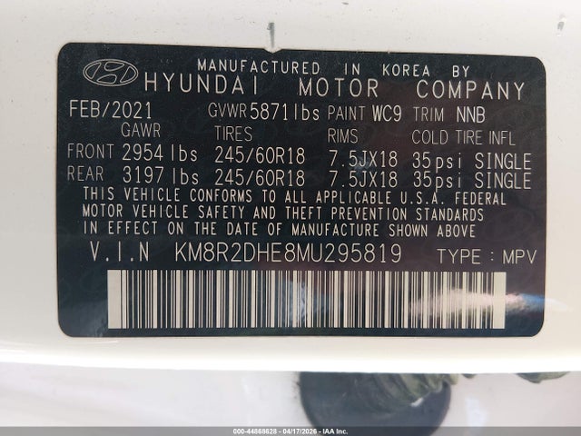 44868628 :رقم المزاد ، KM8R2DHE8MU295819 vin ، 2021 Hyundai Palisade Sel مزاد بيع