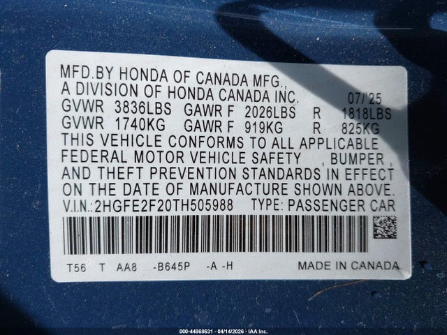 44868631 :رقم المزاد ، 2HGFE2F20TH505988 vin ، 2026 Honda Civic Lx مزاد بيع