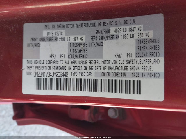 2018 Mazda Mazda3 Touring მანქანა იყიდება აუქციონზე, vin: 3MZBN1V34JM209448, აუქციონის ნომერი: 44868669
