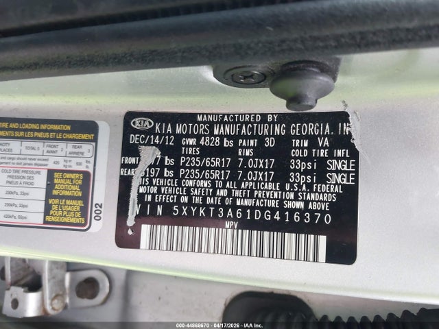 Продаж на аукціоні авто 2013 Kia Sorento Lx, vin: 5XYKT3A61DG416370, номер лоту: 44868670