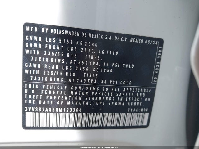 44868681 :رقم المزاد ، 3VV3B7AX5RM123364 vin ، 2024 Volkswagen Tiguan 2.0t Se/2.0t Wolfsburg Edition مزاد بيع