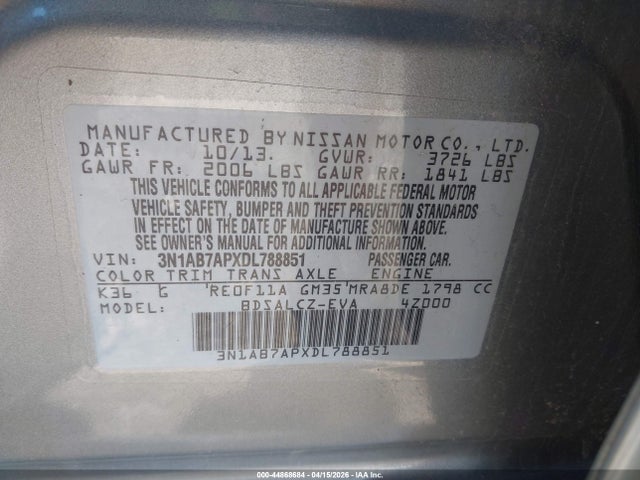 Продажа на аукционе авто 2013 Nissan Sentra S, vin: 3N1AB7APXDL788851, номер лота: 44868684