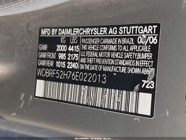 44868692 :رقم المزاد ، WDBRF52H76E022013 vin ، 2006 Mercedes-benz C 230 Sport مزاد بيع