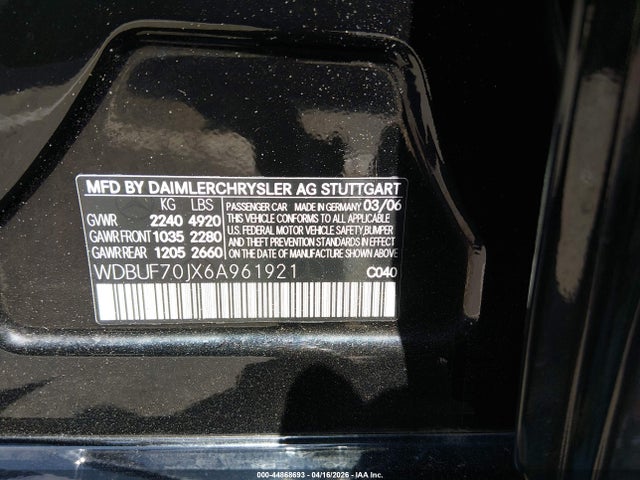 44868693 :رقم المزاد ، WDBUF70JX6A961921 vin ، 2006 Mercedes-benz E 500 مزاد بيع