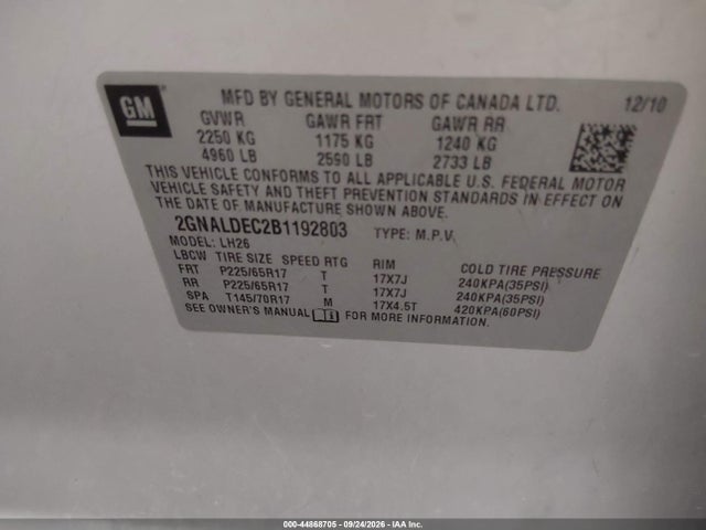 Aukcja sprzedaży 2011 Chevrolet Equinox 1lt, vin: 2GNALDEC2B1192803, numer aukcji: 44868705