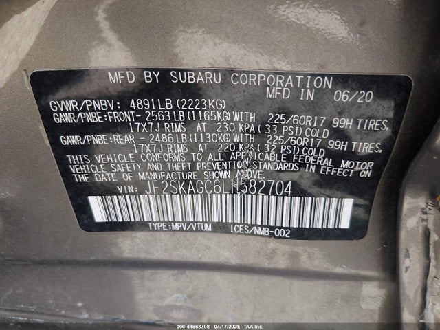 44868708 :رقم المزاد ، JF2SKAGC6LH582704 vin ، 2020 Subaru Forester Premium مزاد بيع