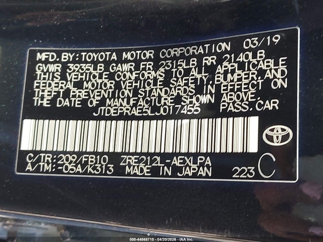 Продажа на аукционе авто 2020 Toyota Corolla Le, vin: JTDEPRAE5LJ017455, номер лота: 44868710