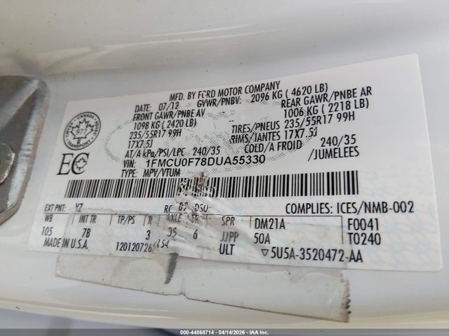 Aukcja sprzedaży 2013 Ford Escape S, vin: 1FMCU0F78DUA55330, numer aukcji: 44868714