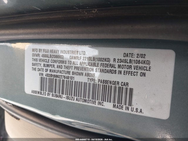 Продаж на аукціоні авто 2002 Subaru Outback Limited, vin: 4S3BH686227646101, номер лоту: 44868715