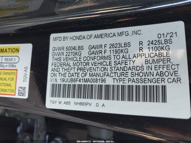 44868721 :رقم المزاد ، 19UUB6F41MA008196 vin ، 2021 Acura Tlx Technology Package مزاد بيع