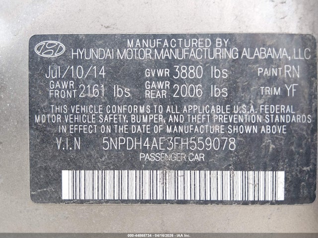 44868734 :رقم المزاد ، 5NPDH4AE3FH559078 vin ، 2015 Hyundai Elantra Limited مزاد بيع