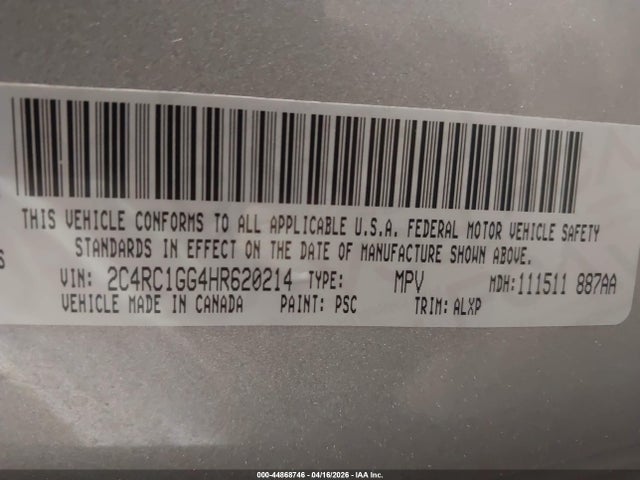 Продажа на аукционе авто 2017 Chrysler Pacifica Limited, vin: 2C4RC1GG4HR620214, номер лота: 44868746