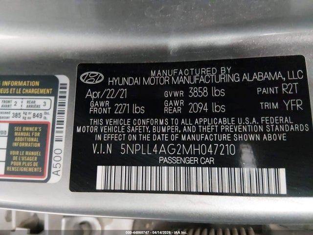 Aukcja sprzedaży 2021 Hyundai Elantra Se, vin: 5NPLL4AG2MH047210, numer aukcji: 44868747