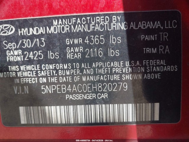 5NPEB4AC0EH820279 Hyundai SONATA GLS