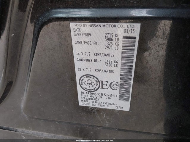 44868755 :رقم المزاد ، 5N1AR2MM6FC656841 vin ، 2015 Nissan Pathfinder Platinum/s/sl/sv مزاد بيع