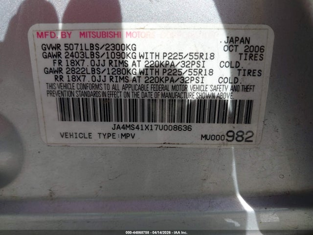 Auction sale of the 2007 Mitsubishi Outlander Xls, vin: JA4MS41X17U008636, lot number: 44868758