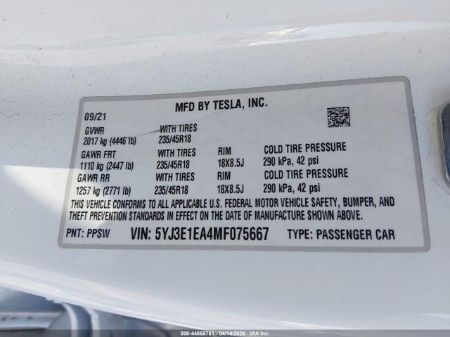 Tesla Model 3 Standard Range Plus Rear-wheel Drive 2021 5YJ3E1EA4MF075667 Image 9