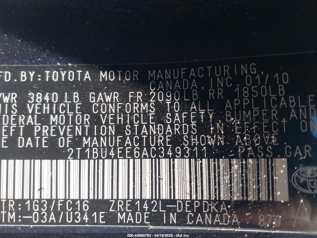 Aukcja sprzedaży 2010 Toyota Corolla Le, vin: 2T1BU4EE6AC349311, numer aukcji: 44868763