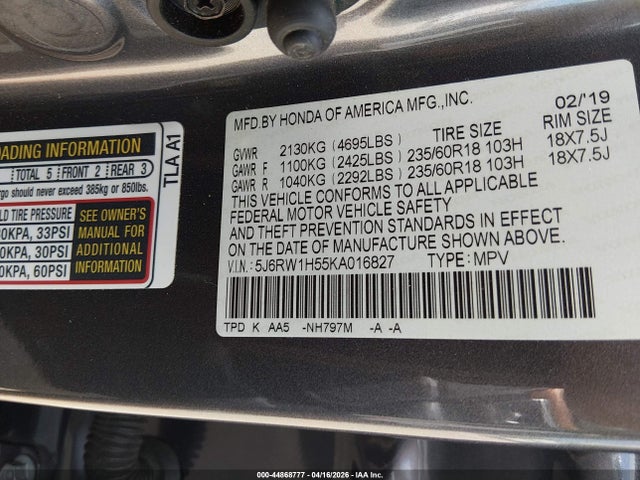 Продаж на аукціоні авто 2019 Honda Cr-v Ex, vin: 5J6RW1H55KA016827, номер лоту: 44868777