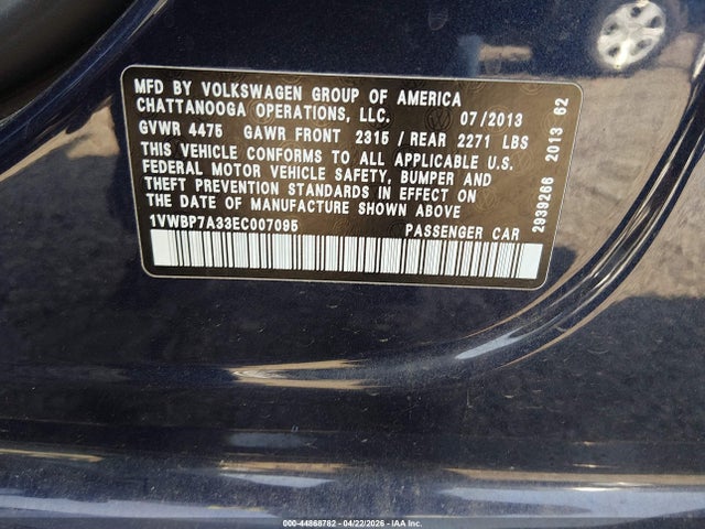 Aukcja sprzedaży 2014 Volkswagen Passat 2.5l Se, vin: 1VWBP7A33EC007095, numer aukcji: 44868782