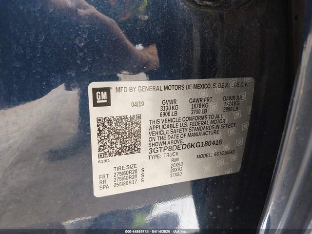 Продаж на аукціоні авто 2019 Gmc Sierra 1500 Slt, vin: 3GTP8DED6KG180416, номер лоту: 44868784