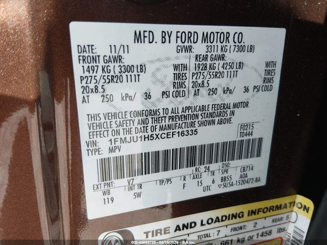 Продаж на аукціоні авто 2012 Ford Expedition King Ranch, vin: 1FMJU1H5XCEF16335, номер лоту: 44868789
