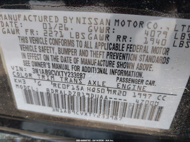 44868792 :رقم المزاد ، 3N1AB9CVXTY233987 vin ، 2026 Nissan Sentra Sv مزاد بيع
