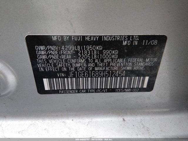 Aukcja sprzedaży 2009 Subaru Impreza 2.5i, vin: JF1GE61689H512454, numer aukcji: 44868797