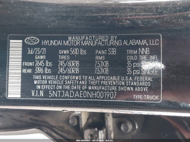 2022 Hyundai Santa Cruz Se მანქანა იყიდება აუქციონზე, vin: 5NTJADAE0NH001907, აუქციონის ნომერი: 44868807