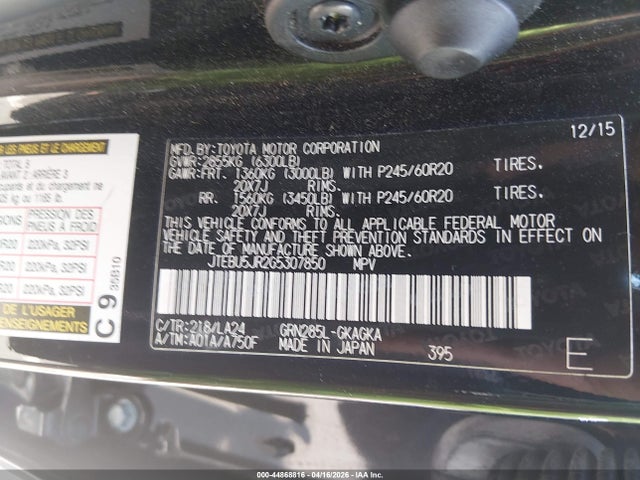 Продажа на аукционе авто 2016 Toyota 4runner Limited, vin: JTEBU5JR2G5307850, номер лота: 44868816