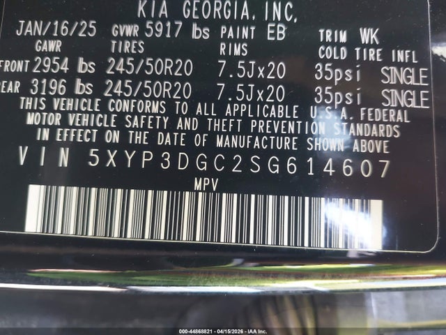 Aukcja sprzedaży 2025 Kia Telluride Ex X-line, vin: 5XYP3DGC2SG614607, numer aukcji: 44868821