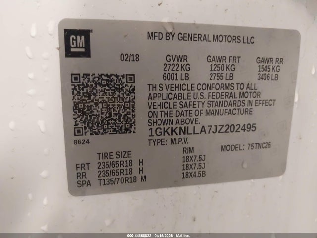 44868822 :رقم المزاد ، 1GKKNLLA7JZ202495 vin ، 2018 Gmc Acadia Sle-2 مزاد بيع