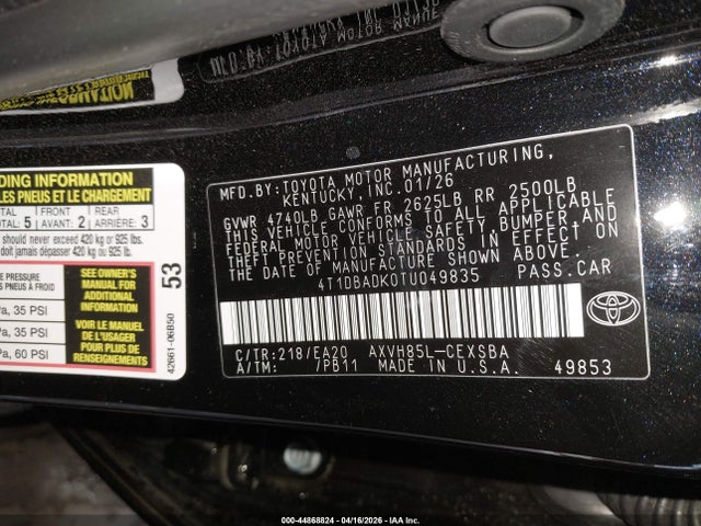 Aukcja sprzedaży 2026 Toyota Camry Nightshade, vin: 4T1DBADK0TU049835, numer aukcji: 44868824