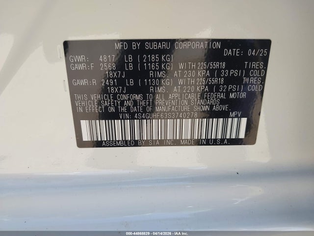Aukcja sprzedaży 2025 Subaru Crosstrek Sport, vin: 4S4GUHF63S3740278, numer aukcji: 44868829