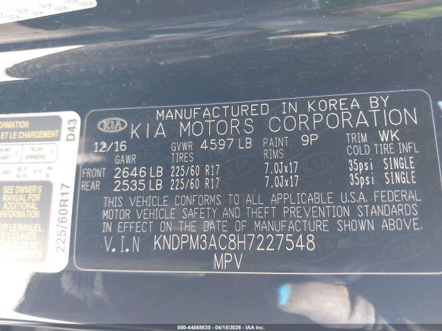 Продажа на аукционе авто 2017 Kia Sportage Lx, vin: KNDPM3AC8H7227548, номер лота: 44868830