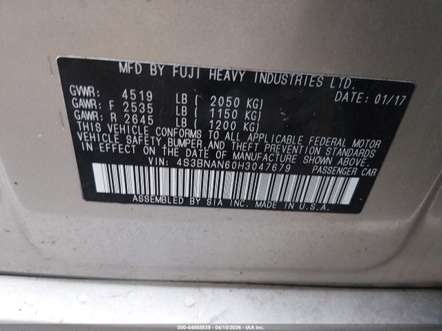 Aukcja sprzedaży 2017 Subaru Legacy 2.5i Limited, vin: 4S3BNAN60H3047679, numer aukcji: 44868839