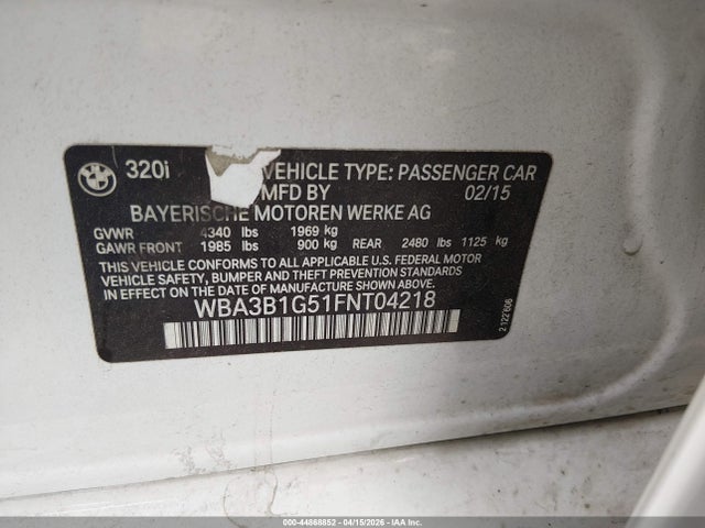 2015 Bmw 320i მანქანა იყიდება აუქციონზე, vin: WBA3B1G51FNT04218, აუქციონის ნომერი: 44868852